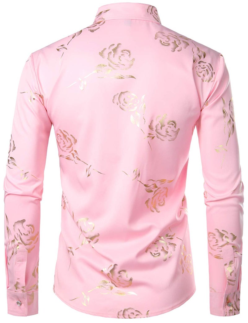 ZEROYAA Mens Hipster Gold Rose Printed Slim Fit Long Sleeve Dress Shirts/Prom Performing Shirts Z56 Pink Large - Image 2